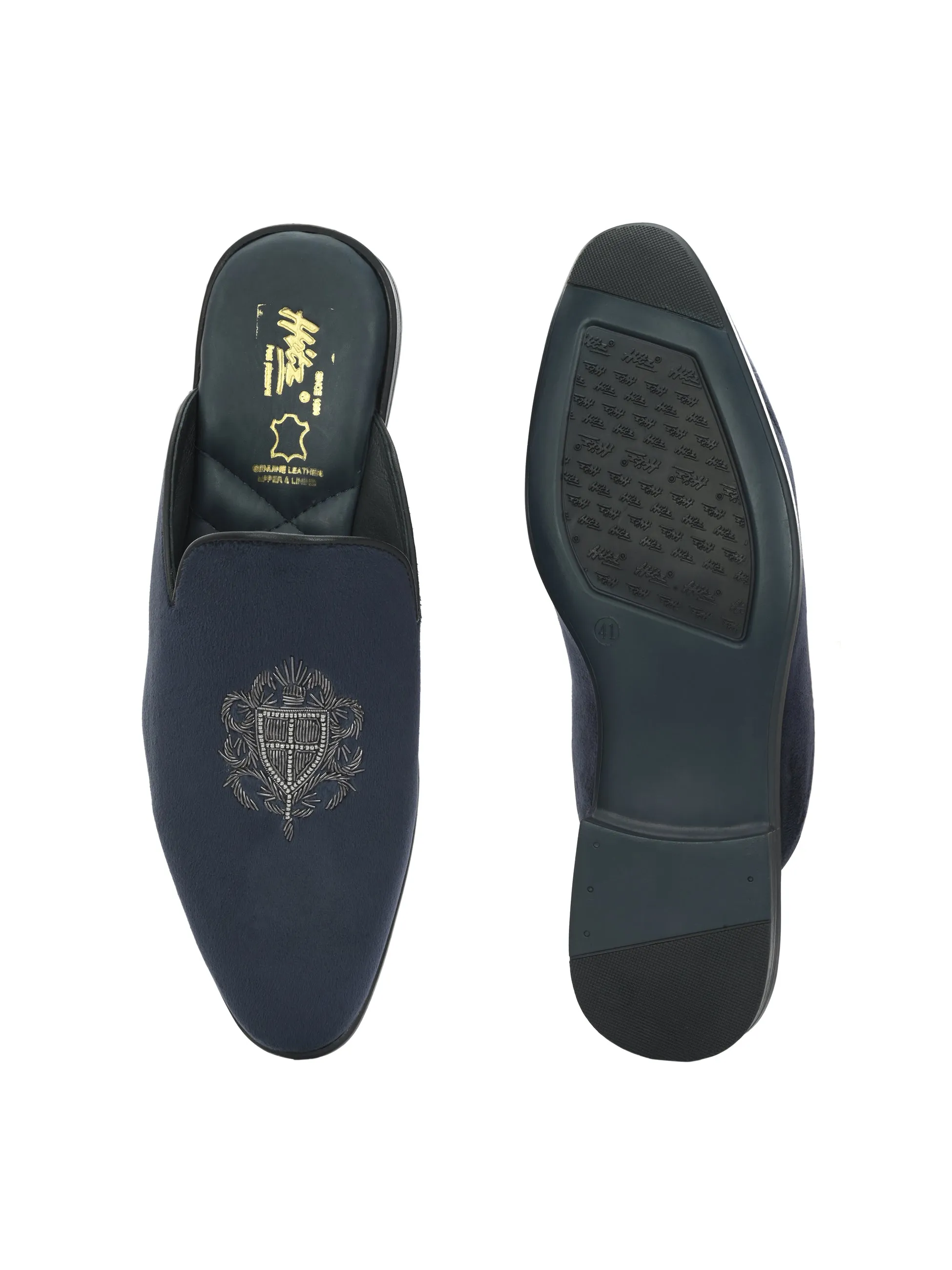 Hitz Men's Blue Leather Half Shoes Ethnic Wear Mule Shoes