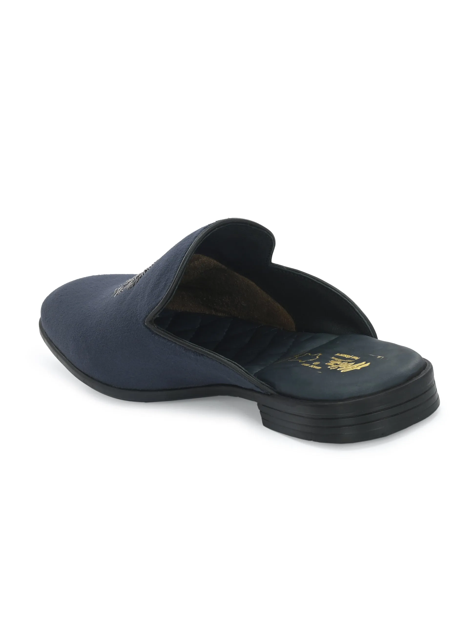 Hitz Men's Blue Leather Half Shoes Ethnic Wear Mule Shoes
