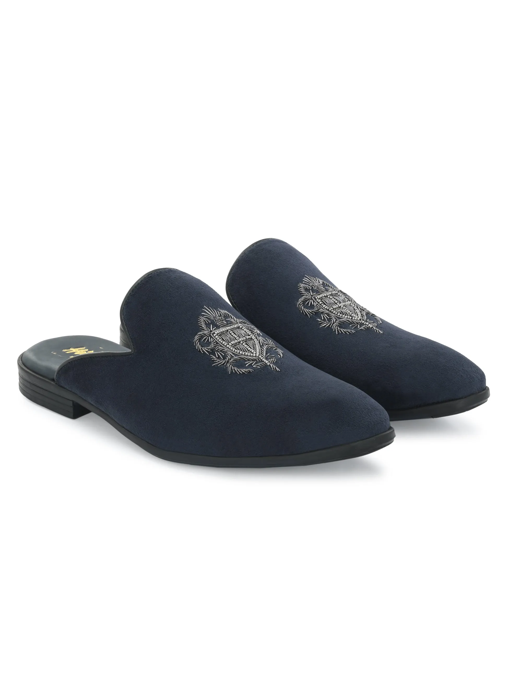Hitz Men's Blue Leather Half Shoes Ethnic Wear Mule Shoes