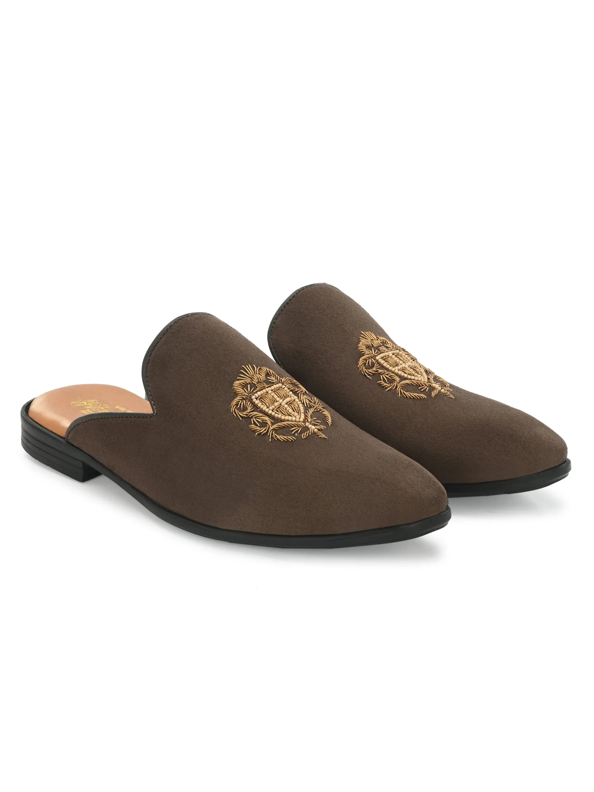 Hitz Men's Brown Leather Half Shoes Ethnic Wear Mule Shoes
