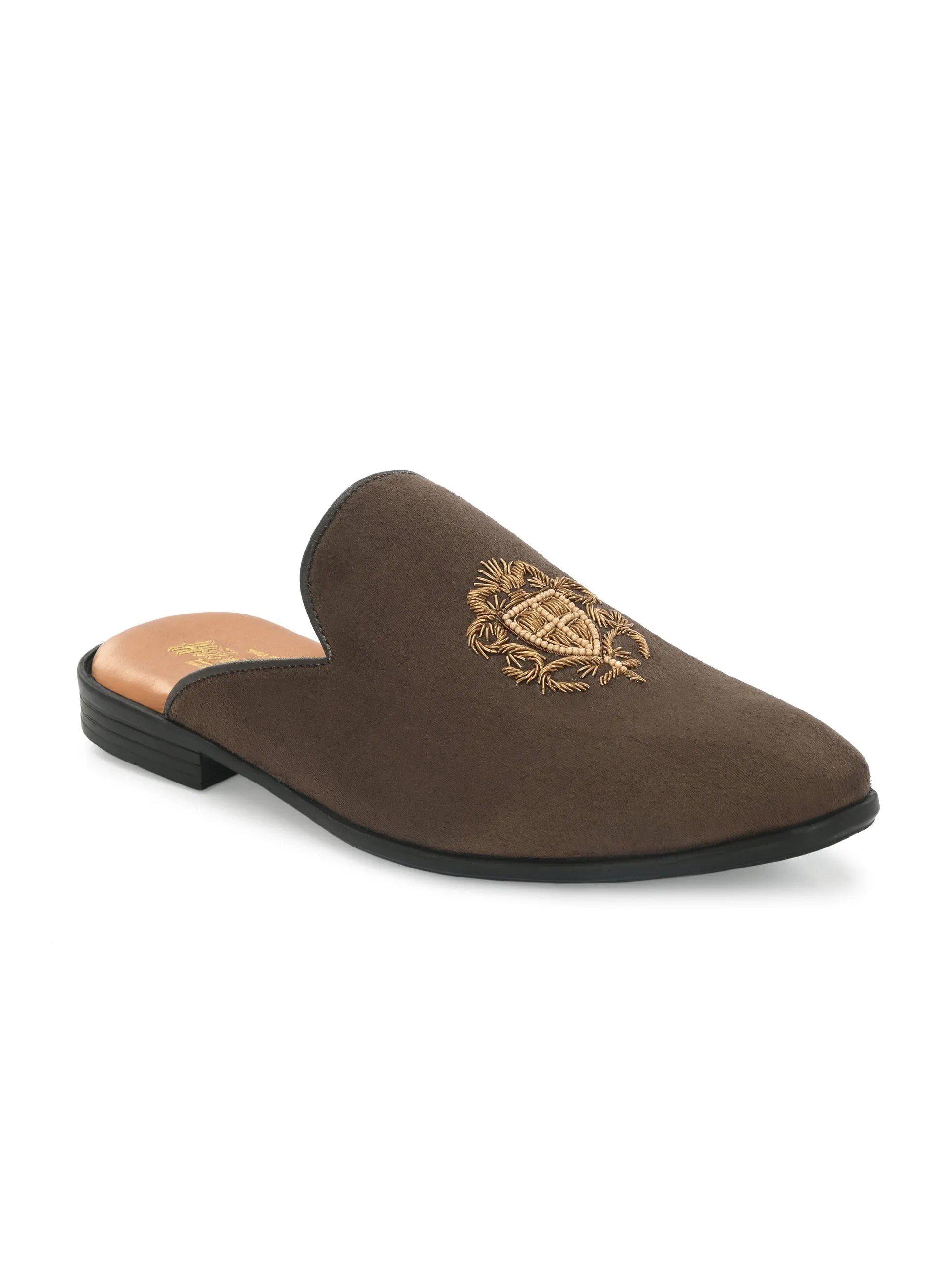 Hitz Men's Brown Leather Half Shoes Ethnic Wear Mule Shoes