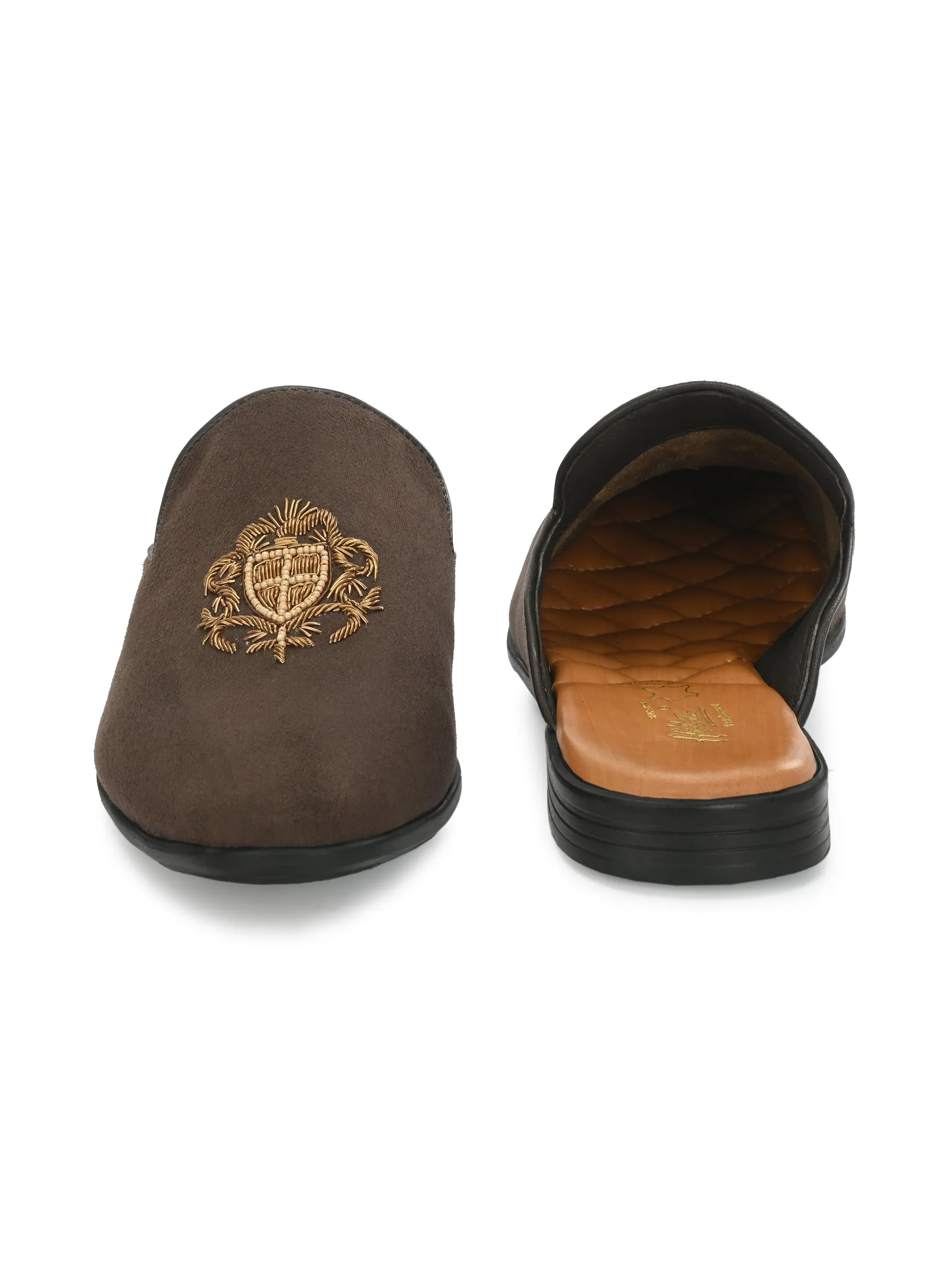 Hitz Men's Brown Leather Half Shoes Ethnic Wear Mule Shoes