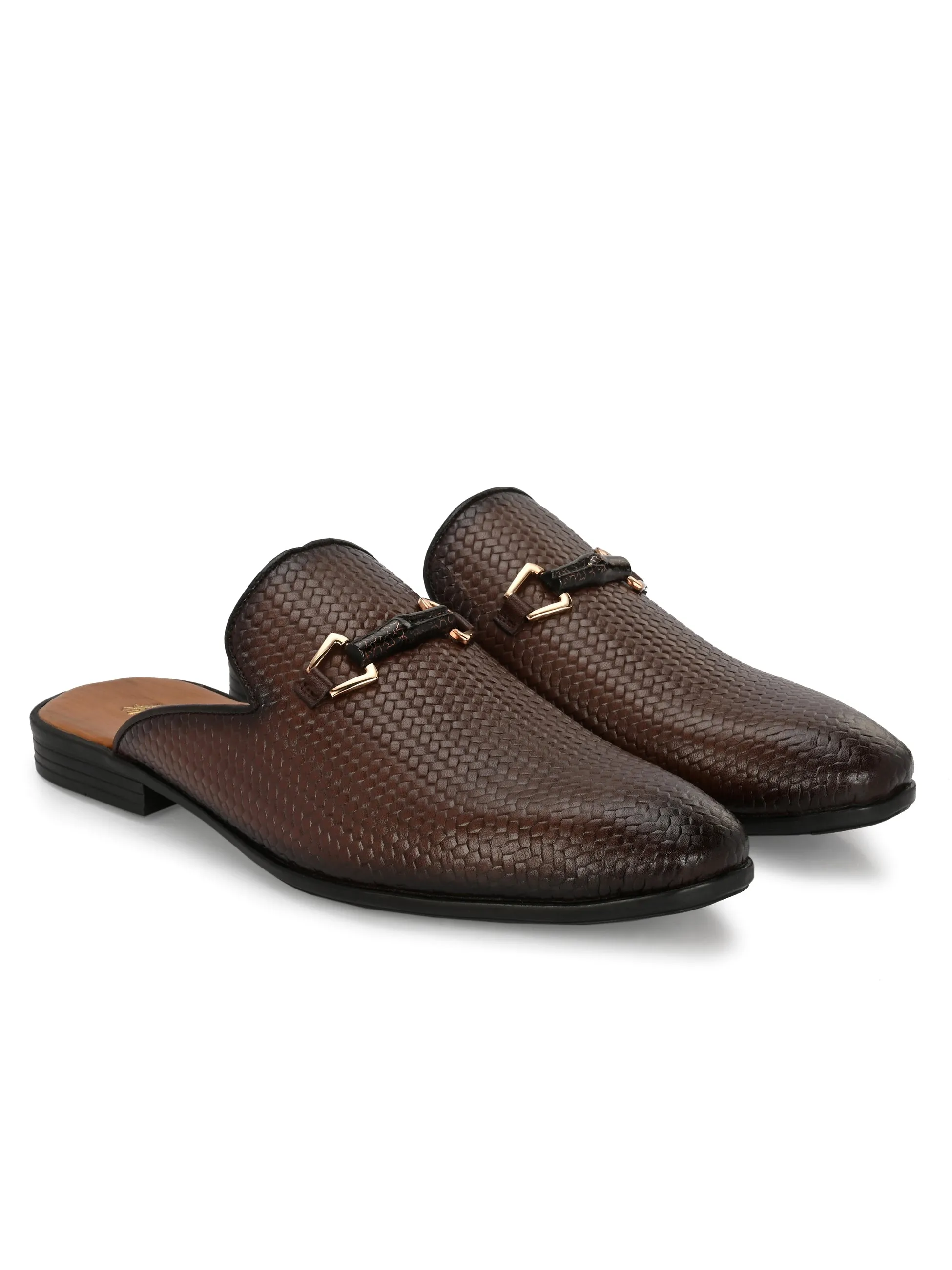 Hitz Men's Brown Leather Half Shoes Ethnic Wear Mule Shoes