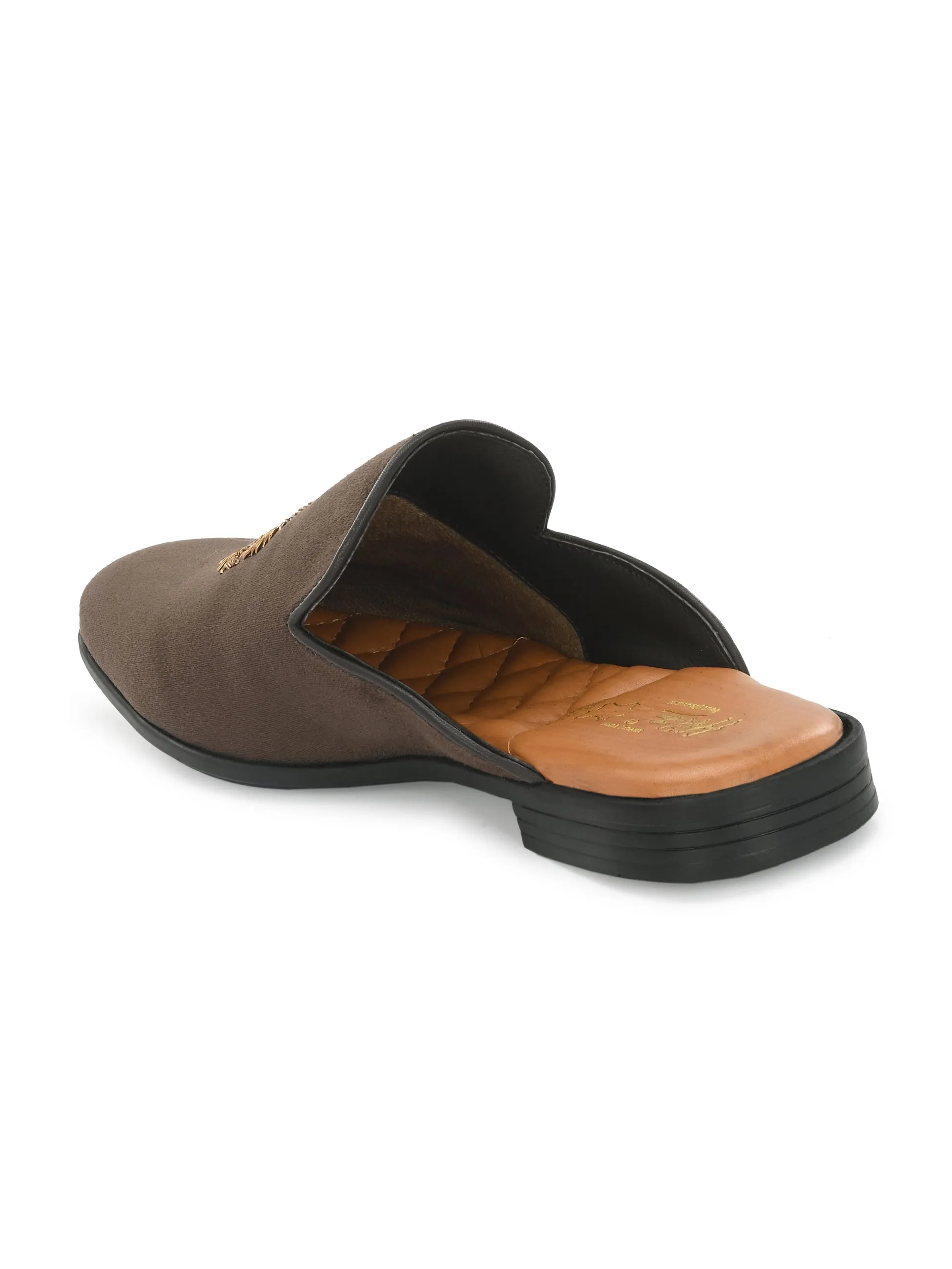 Hitz Men's Brown Leather Half Shoes Ethnic Wear Mule Shoes