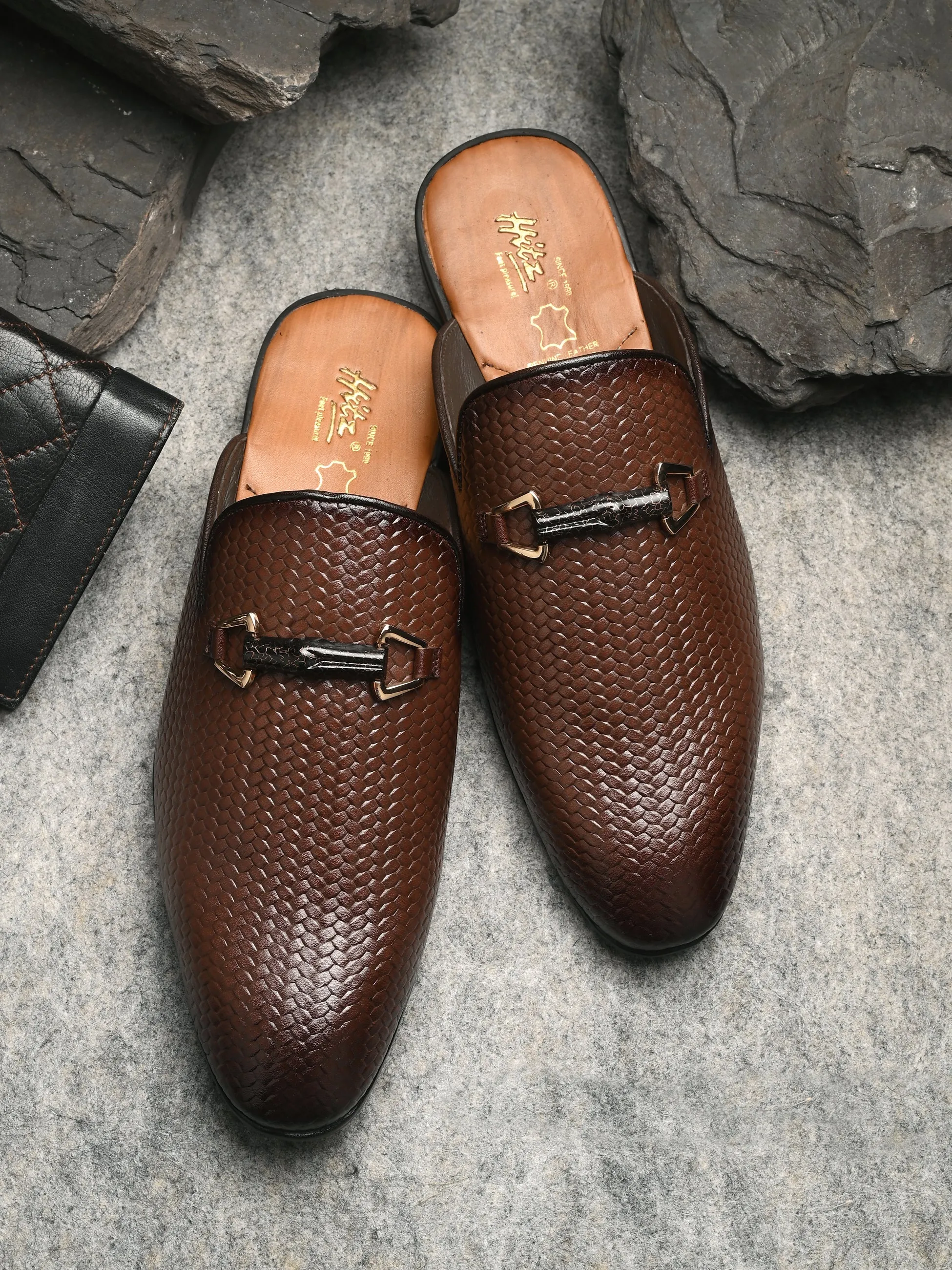 Hitz Men's Brown Leather Half Shoes Ethnic Wear Mule Shoes