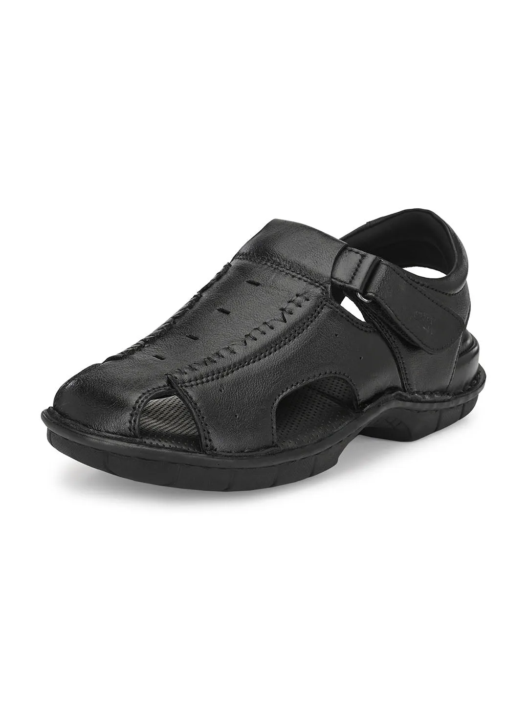 HITZ9602 Men's Black Leather Casual Velcro Sandals