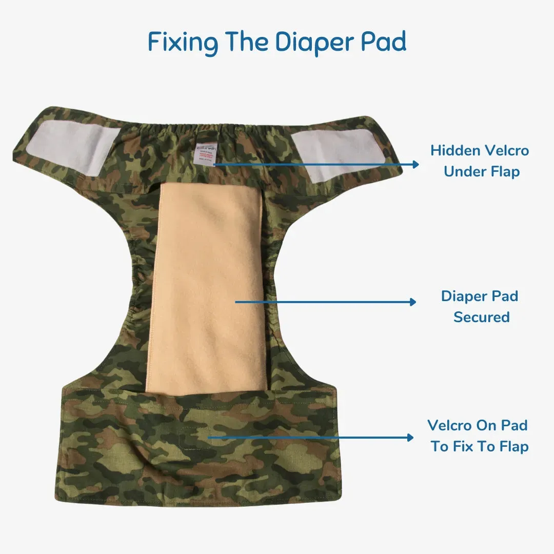 Infant Reusable Diapers | Camo Baby | Velcro Closure | With 2 Diaper Pads Free