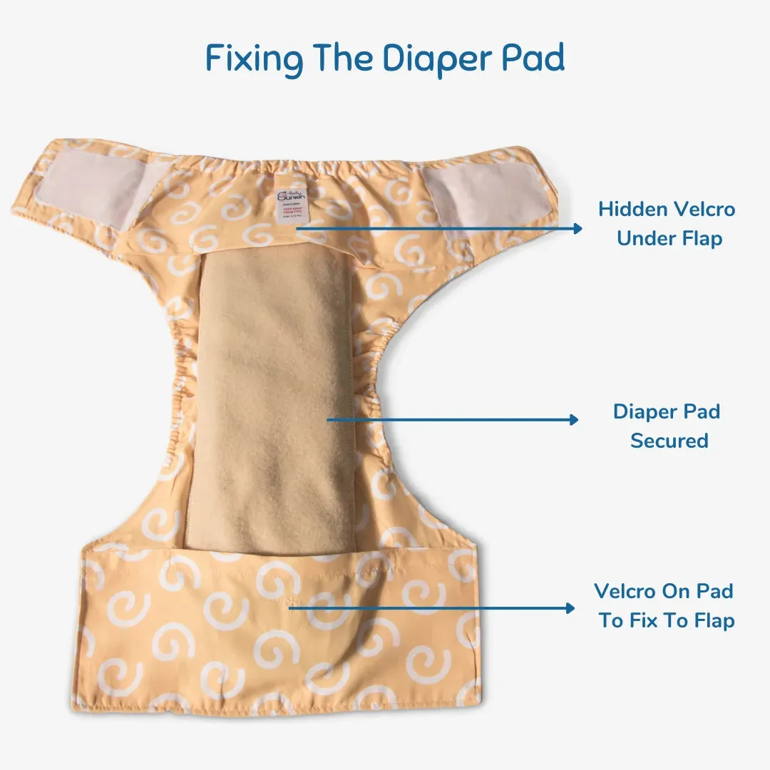 Infant Reusable Diapers | Swirly Whirly | Velcro Closure | With 2 Diaper Pads Free