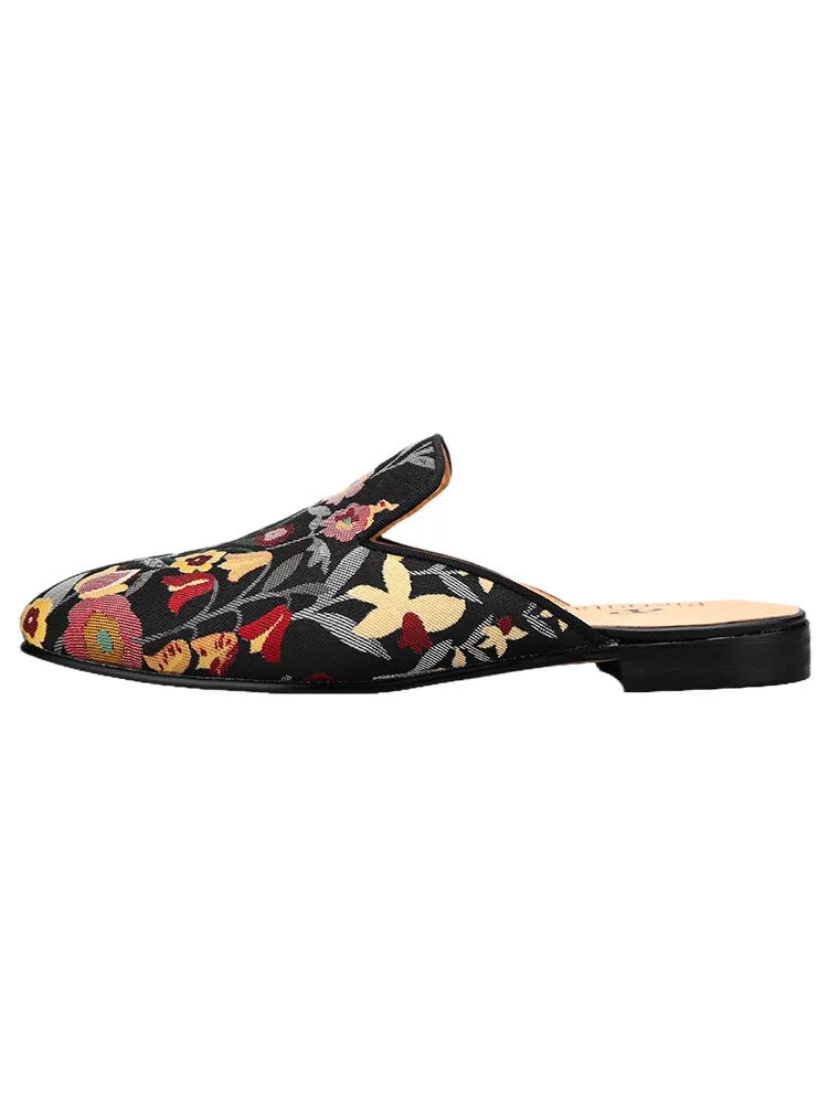 Japanese imported fabrics colorful floral jacquard cloth men's mule shoes breathable leather lining summer toe-toe slippers for men