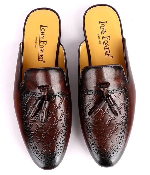 John Foster Brogues Tassel Men's Mules|Brown