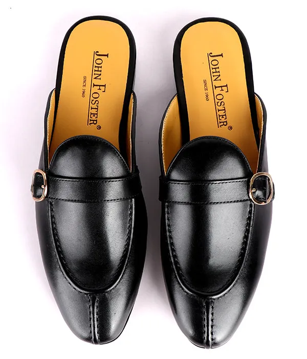John Foster Buckled Leather Men's Mules|Black