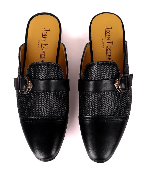 John Foster Buckled Men's Leather Mules|Black
