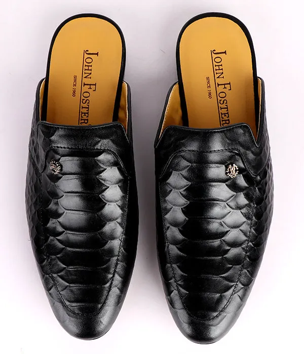 John Foster Croc Design Leather mules |Black