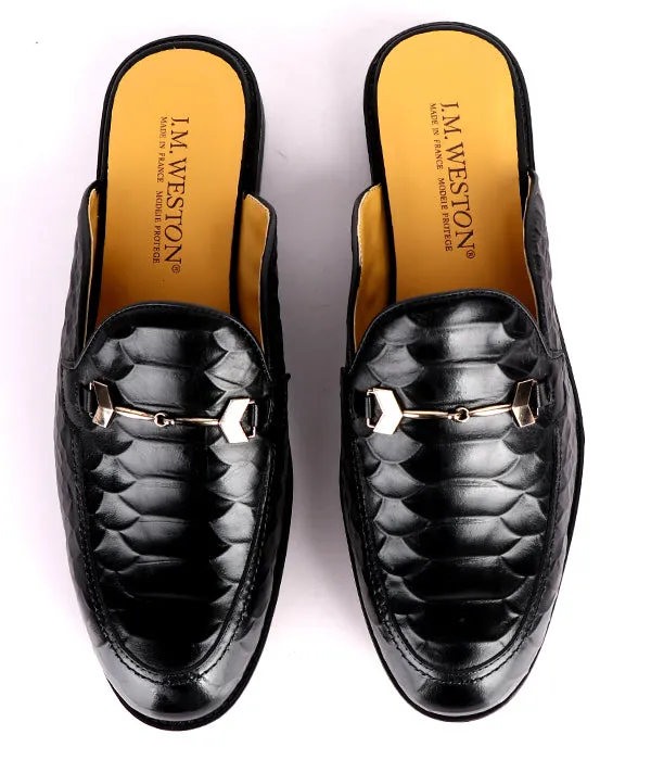 John Foster Croc Horsebit Mules|Black
