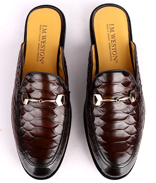 John Foster Croc Horsebit Mules|Brown