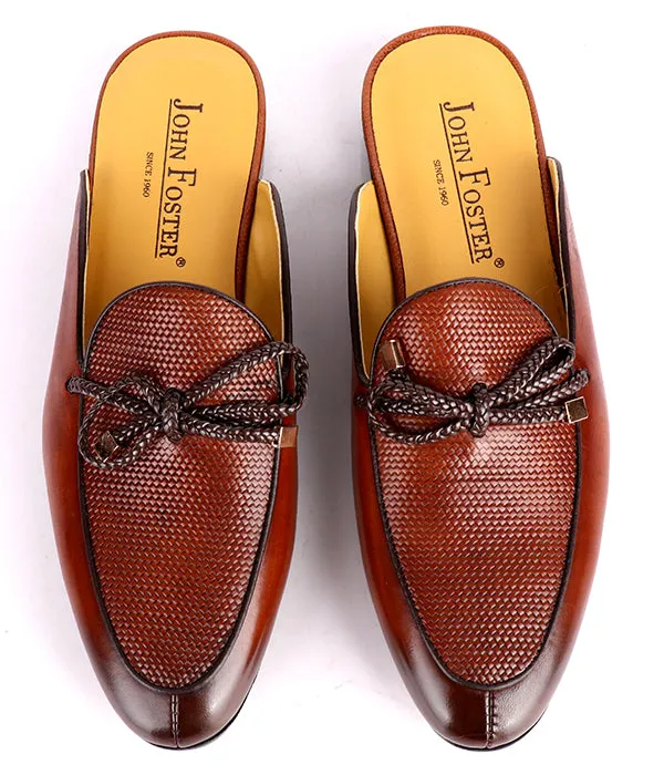 John Foster Dotted Bow Design Genuine Leather Mule|Brown