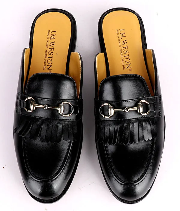 John Foster Kiltie Horsebit Black Calfskin Men's Mules