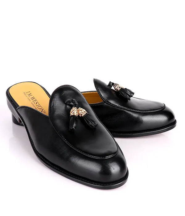 John Foster Men's Tassel Genuine Leather Mules|Black