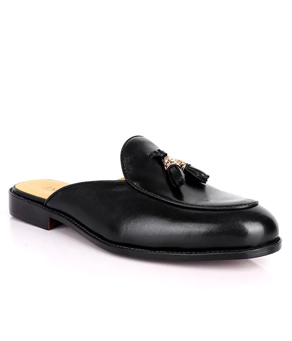John Foster Men's Tassel Genuine Leather Mules|Black