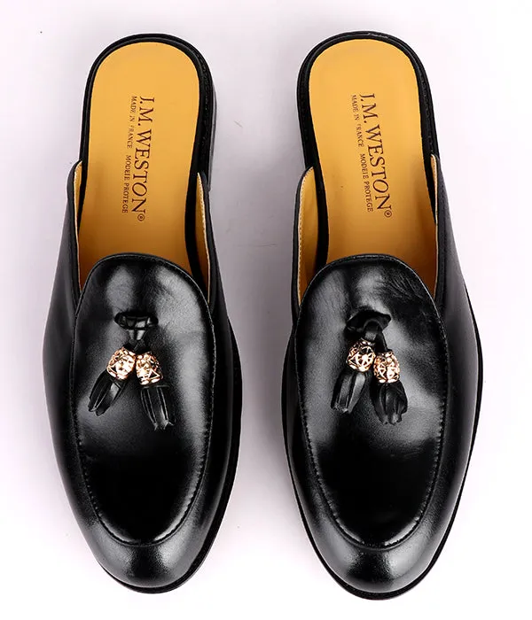 John Foster Men's Tassel Genuine Leather Mules|Black