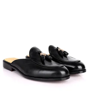 John Foster Men's Tassel Genuine Leather Mules|Black