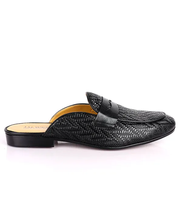 John Foster Patterned Leather Penny Mules|Black