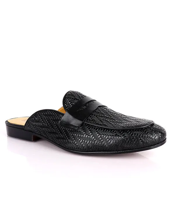John Foster Patterned Leather Penny Mules|Black