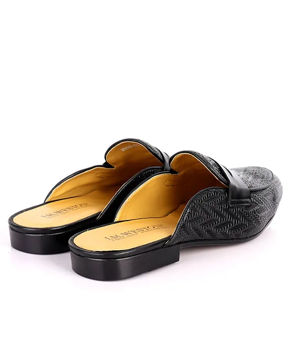 John Foster Patterned Leather Penny Mules|Black