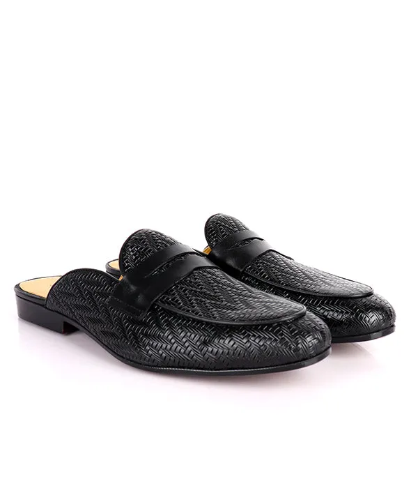 John Foster Patterned Leather Penny Mules|Black