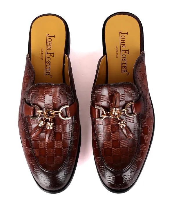 John Foster Square Pattern Tassel Horsebit Mules|Brown