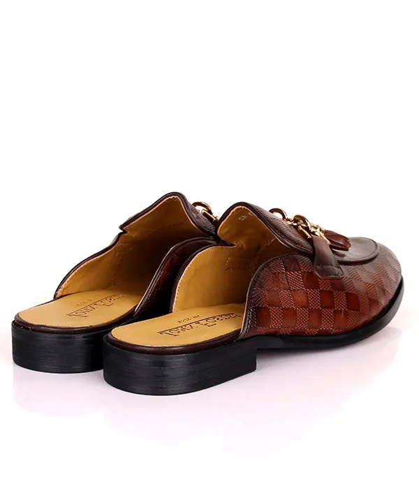 John Foster Square Pattern Tassel Horsebit Mules|Brown