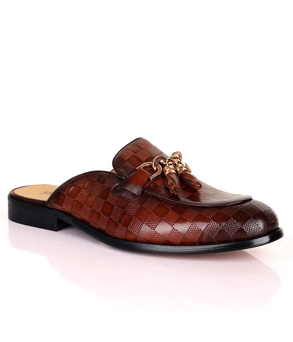 John Foster Square Pattern Tassel Horsebit Mules|Brown
