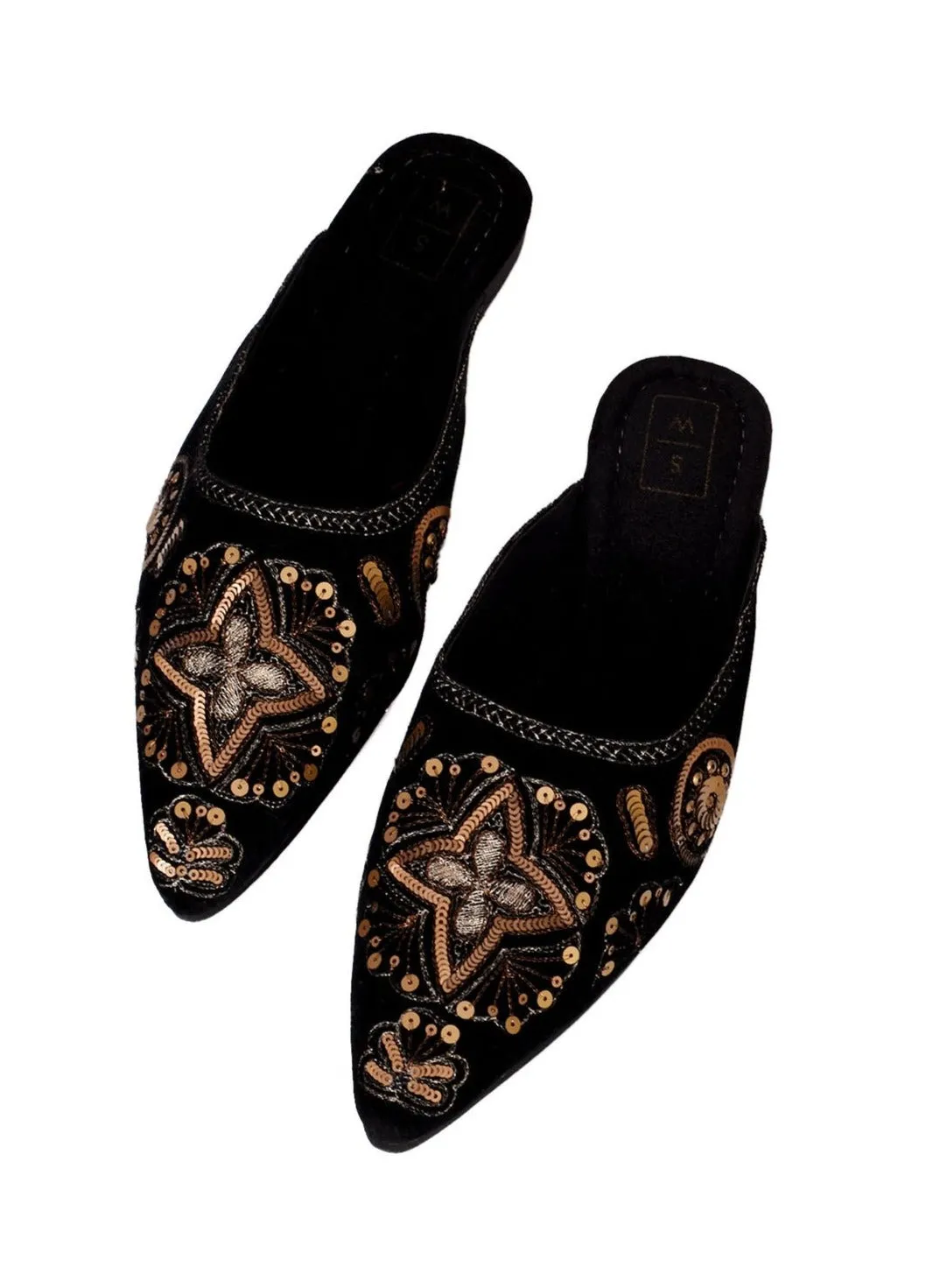 Juliette Black & Gold Mules
