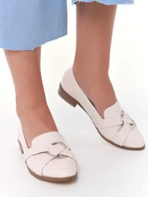 Ladies Circle Trim Stack Block Heel Loafer - Bone
