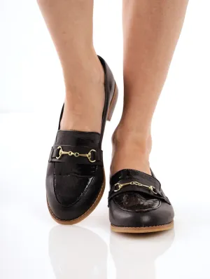 Ladies Fabric Block Loafer With Metal Bar - Black