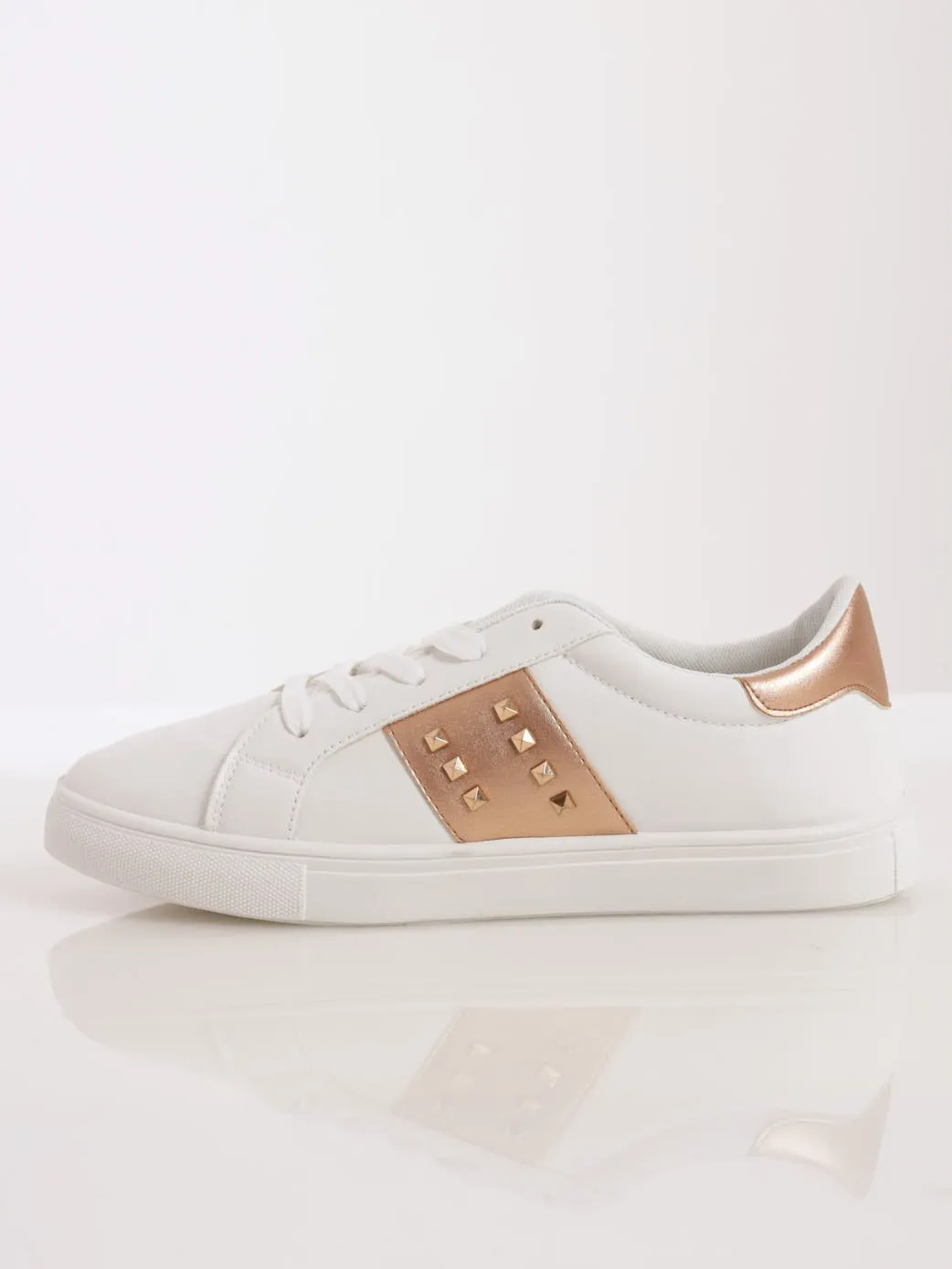 Ladies Metallic Insert With Pyramid Studs Lace-Up Sneaker - White