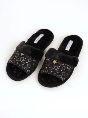 Ladies Open Toe Starry Slipper - Black