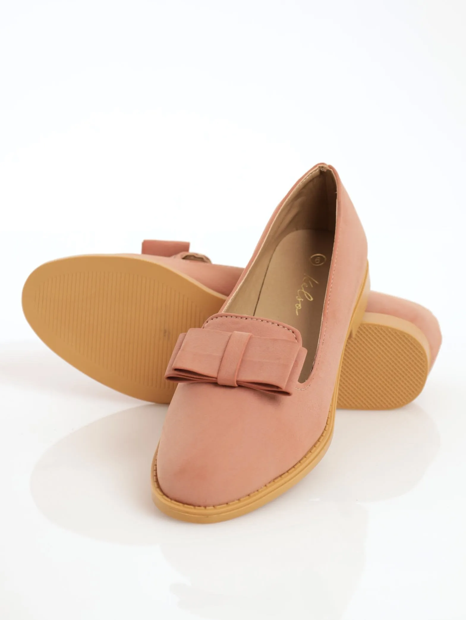 Ladies PU Double Flat Bow Loafer - Mink
