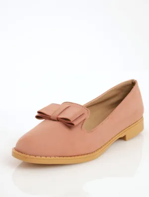 Ladies PU Double Flat Bow Loafer - Mink