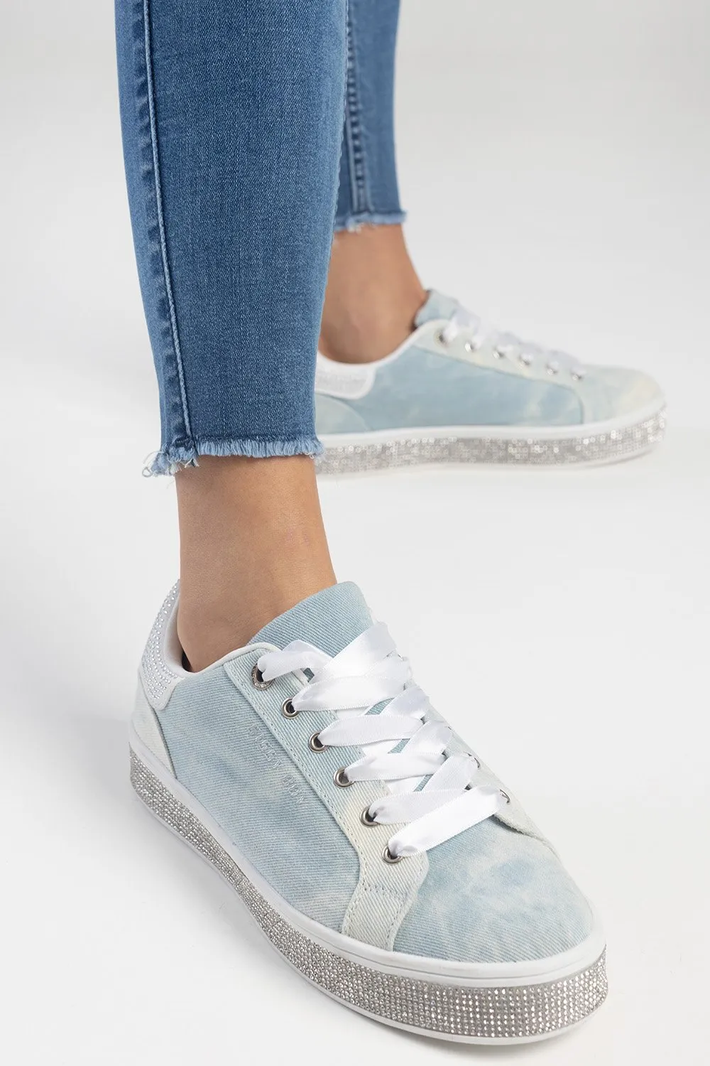 Ladies Washed Out Bling Sole Sneaker - Marble Wash Light