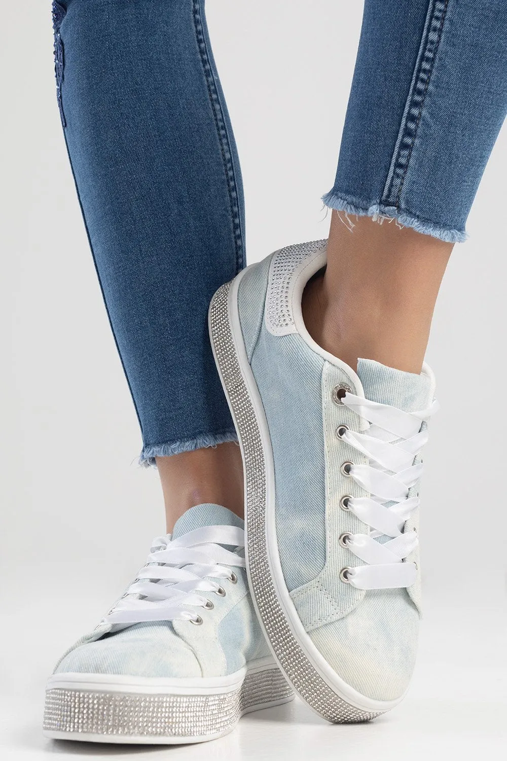 Ladies Washed Out Bling Sole Sneaker - Marble Wash Light