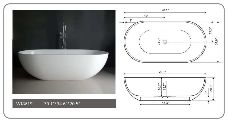 Legion Furniture WJ8619 Series 70.1” Matt White Solid Surface Bath Tub