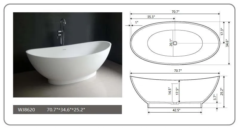 Legion Furniture WJ8620 Series 70.7” Matt White Solid Surface Bath Tub