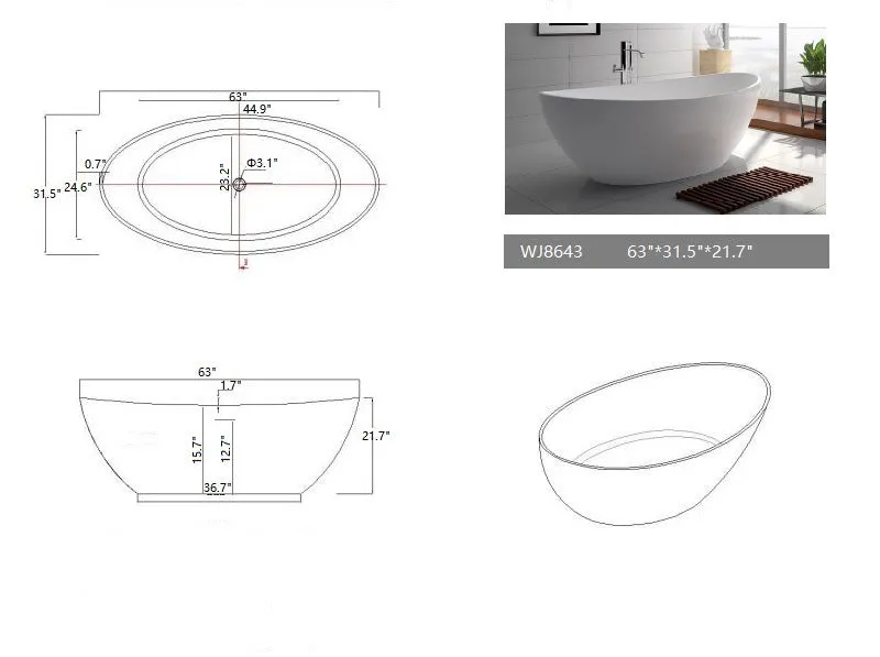 Legion Furniture WJ8643 Series 63” Matt White Solid Surface Bath Tub