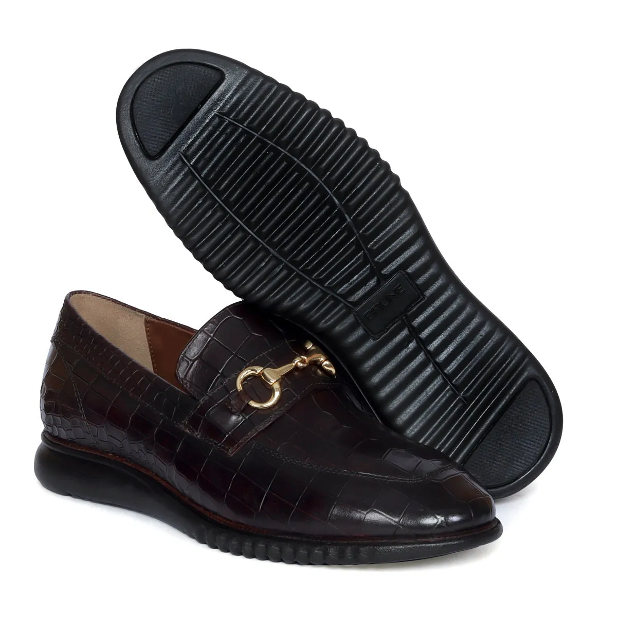 Light-Weight Loafer in Croco Textured Dark Brown Leather