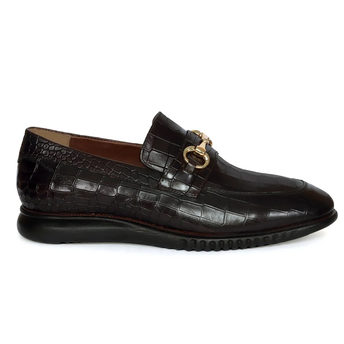 Light-Weight Loafer in Croco Textured Dark Brown Leather