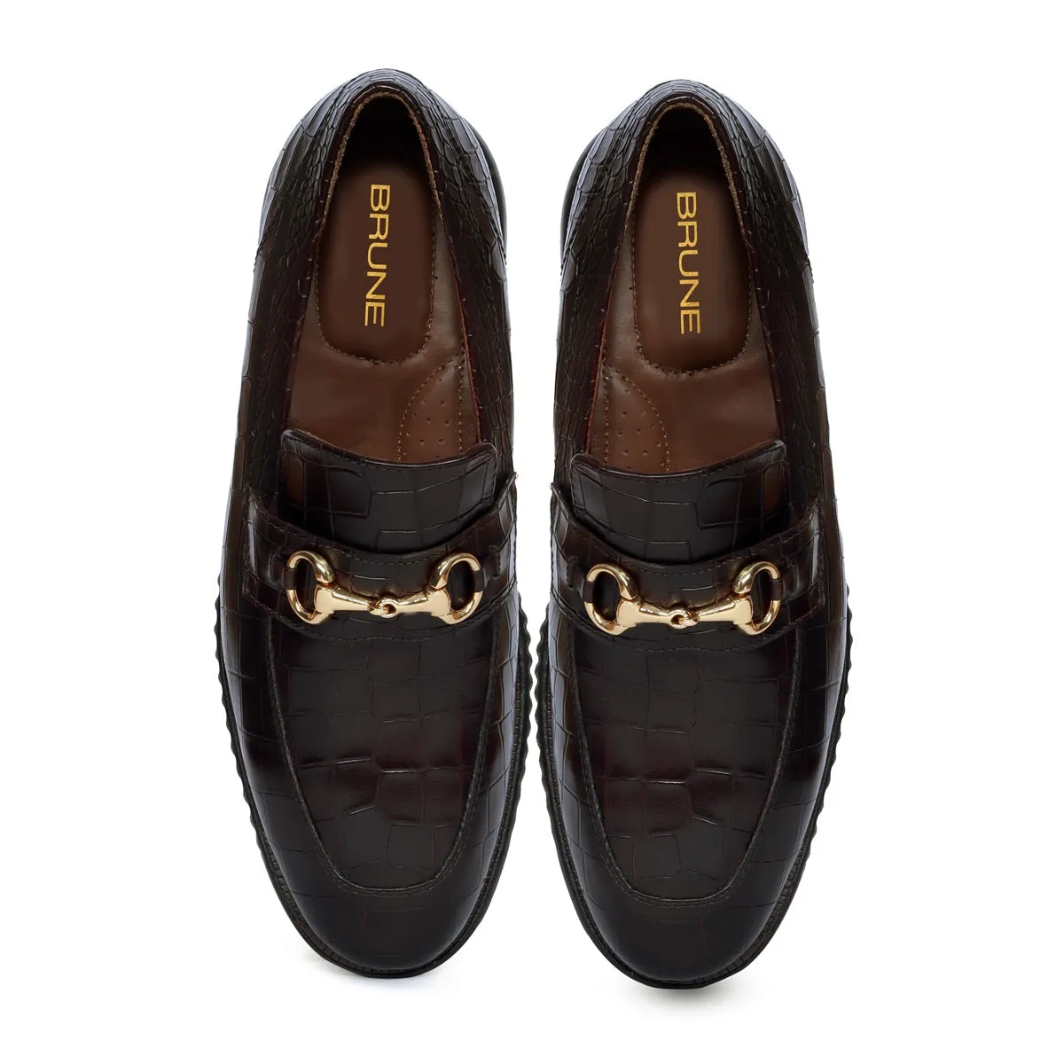 Light-Weight Loafer in Croco Textured Dark Brown Leather