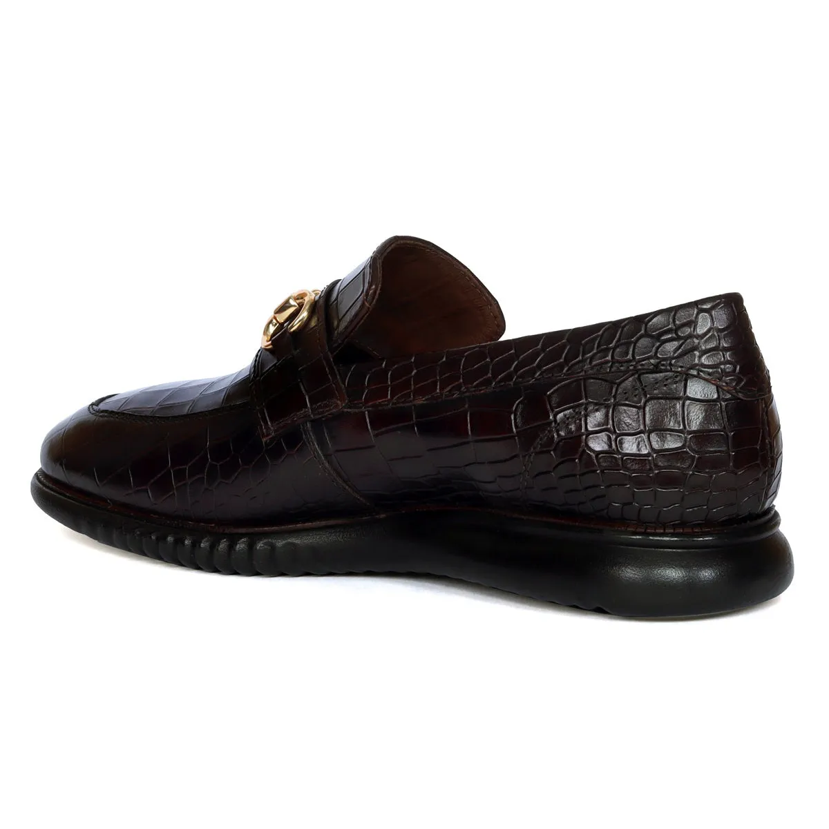 Light-Weight Loafer in Croco Textured Dark Brown Leather