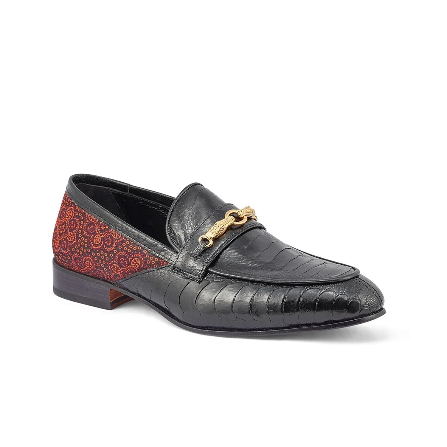 Mauri Monet in Black / Coral Red Mens Exotic Ostrich Leg / Matahari Fabric Horsebit Loafers