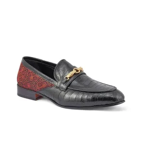 Mauri Monet in Black / Coral Red Mens Exotic Ostrich Leg / Matahari Fabric Horsebit Loafers